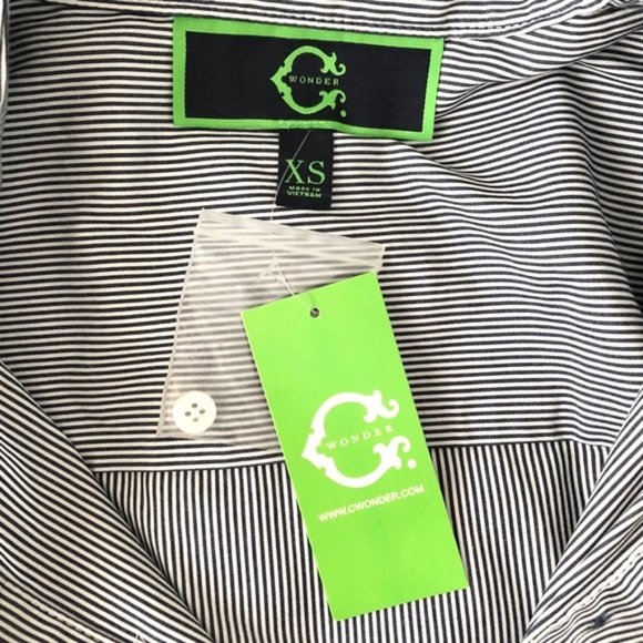 New C Wonder Embroidered Striped Collarless Button Down Shirt Indigo Size XS - Picture 13 of 16